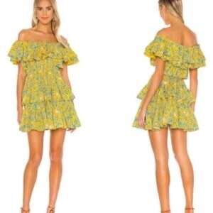 RHODE Dotty Eden Floral Off Shoulder Mini Dress Yellow Ruffle Resortwear Sz XS